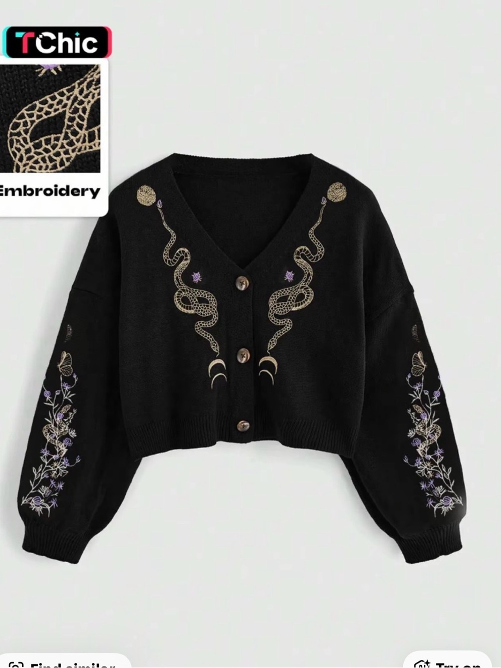 Plant Snake Embroidery Sweater, Casual Loose-Fit Short Knitted Crop Sweater